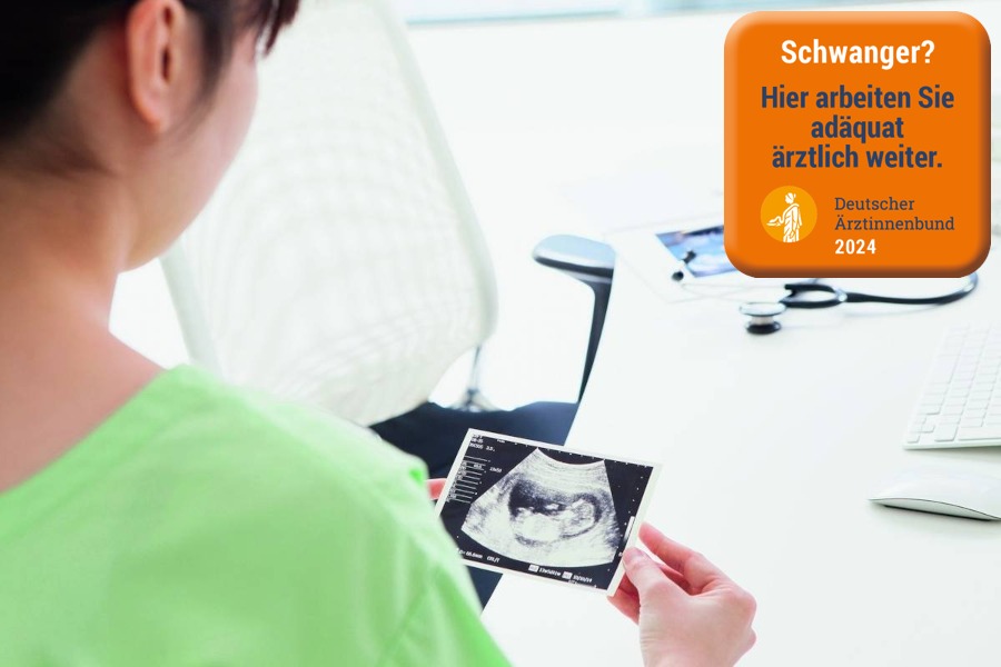 Foto-Montage: Schwangerschafts-Ultraschall und Mutterschutz-Siegel